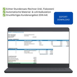 Könnte beinhalten: Ein digitales Kalkulationstool für Handwerker mit dem Titel HANDWERKER KALKULATOR. Die Benutzeroberfläche zeigt eine Projekt- und Materialkalkulationstabelle mit Zeilen für Materialkosten, Arbeitsstunden und eine Gesamtsumme auf einem Laptop.