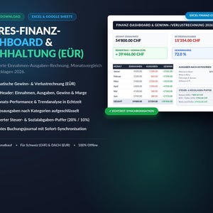 May include: A digital financial dashboard and accounting template for Excel and Google Sheets titled JAHRES-FINANZ-DASHBOARD & BUCHHALTUNG (EÜR). It displays a 2026 profit and loss statement with monthly income, expenses, and tax buffers in CHF.