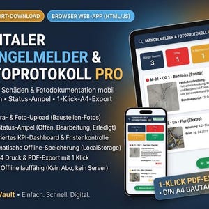 May include: A digital defect reporting and photo protocol software interface displayed on a tablet and smartphone. The screen shows a dashboard with status indicators, defect lists, and project documentation features with German text labels.
