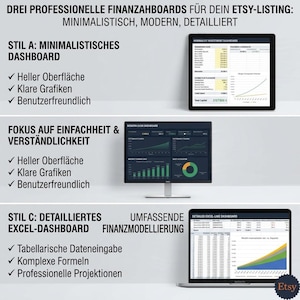 Puede incluir: Tres paneles financieros digitales mostrados en pantallas. El texto dice: DREI PROFESSIONELLE FINANZAHBOARDS FÜR DEIN ETSY-LISTING: MINIMALISTISCH, MODERN, DETAILLIERT, STIL A: MINIMALISTISCHES DASHBOARD, FOKUS AUF EINFACHHEIT & VERSTÄNDLICHKEIT, STIL C: DETAILLIERTES EXCEL-DASHBOARD UMFASSENDE FINANZMODELLIERUNG.