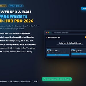 Könnte beinhalten: Eine digitale Produktpräsentation für die Handwerker & Bau One-Page Website Brand-Hub Pro 2026. Die dunkel gestaltete Grafik zeigt eine Website-Vorschau sowie eine Liste technischer Merkmale inklusive HTML, CSS und JS-Details.