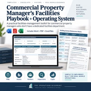 Pode incluir: Um kit de ferramentas digital intitulado Commercial Property Manager's Facilities Playbook + Operating System, incluindo um portátil com um painel de manutenção, uma matriz de manutenção de sistemas e um documento de controlo de riscos.