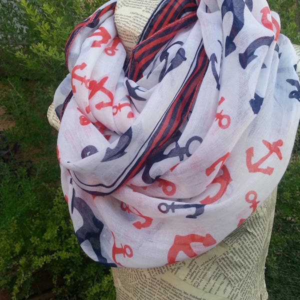 This is BLOW out sale Infinity multi color anchor - QUICK SHIPPING nautical print scarf - Super Fun