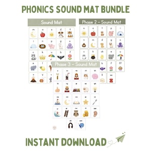 May include: A Phonics Sound Mat Bundle featuring three educational charts labelled Sound Mat, Phase 2 - Sound Mat, and Phase 3 - Sound Mat. Each grid contains letters paired with colourful illustrations of objects, animals, and symbols. Text reads INSTANT DOWNLOAD.