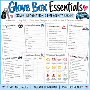 Puede incluir: Un conjunto de siete páginas imprimibles tituladas Glove Box Essentials, que incluyen formularios para información del conductor, detalles del vehículo, informes de accidentes, seguimiento de mantenimiento y una lista de verificación.