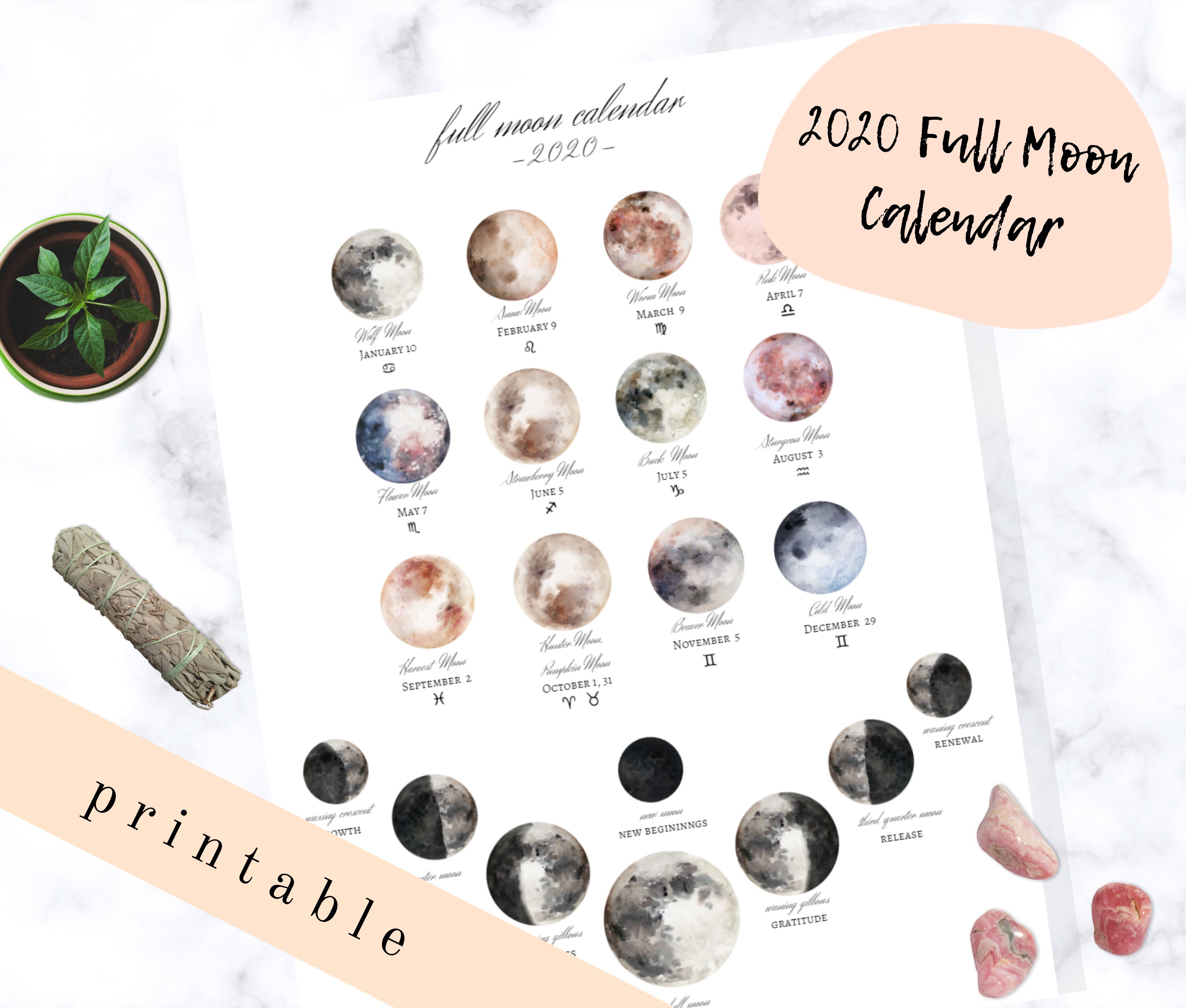 2020 Printable Full Moon Calendar. Lunar Zodiac Celestial Etsy