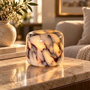 May include: A cylindrical glass lamp featuring a white and deep purple marbled pattern. The lamp emits a warm, soft glow from within, highlighting the translucent quality of the glass and the intricate, swirling veins across its surface.
