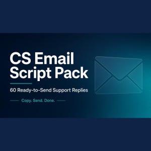 Könnte beinhalten: Eine digitale Grafik mit dunkelblauem Farbverlauf und dem weißen Text CS Email Script Pack, 60 Ready-to-Send Support Replies sowie Copy. Send. Done. Ein Umriss-Symbol eines Briefumschlags befindet sich auf der rechten Seite.