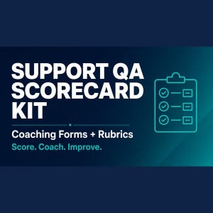 Könnte beinhalten: Eine digitale Grafik mit dem weißen Text SUPPORT QA SCORECARD KIT, gefolgt von Coaching Forms + Rubrics und Score. Coach. Improve. Ein blaugrünes Umriss-Symbol eines Klemmbretts mit drei Häkchen befindet sich auf der rechten Seite.