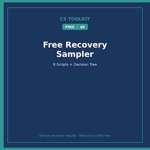 May include: A dark blue digital graphic titled CS TOOLKIT with the text Free Recovery Sampler, 8 Scripts + Decision Tree, and Service recovery macros · Refund vs credit tree. The design features a teal border and a light teal pill-shaped label.