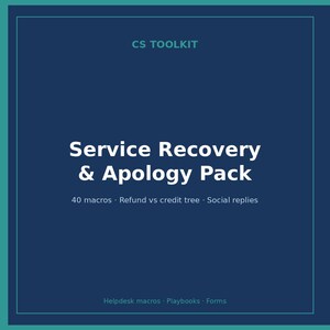 May include: A dark blue digital document titled CS TOOLKIT Service Recovery & Apology Pack. The text includes 40 macros, Refund vs credit tree, Social replies, and Helpdesk macros, Playbooks, Forms, presented in white font with a teal border.