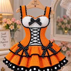 May include: A bright orange crochet doll dress featuring a white bodice, black lace-up corset detailing, and black polka-dot ribbon bows. The skirt has a tiered design with a black scalloped hem accented by white polka dots on a wooden hanger.