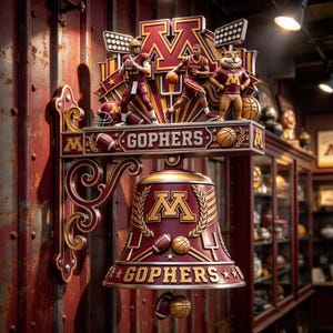Puede incluir: Una campana decorativa de pared con el logotipo, los colores y motivos deportivos de los Minnesota Gophers. La estructura incluye un jugador de fútbol americano, un jugador de baloncesto y una mascota sobre una campana con la palabra GOPHERS.