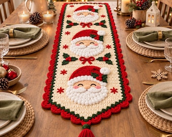 May include: A rectangular crochet table runner featuring three repeating Santa Claus faces with red hats, white beards, and green holly accents. The runner has a cream-colored base, a scalloped red border, and a large red tassel at the bottom end.