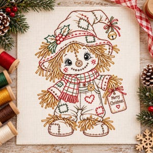 May include: A cross-stitch embroidery pattern on white fabric featuring a scarecrow wearing a hat with holly, a plaid scarf, and overalls. The scarecrow holds a tag that reads Merry Christmas with a heart. The design uses red, green, and brown thread.