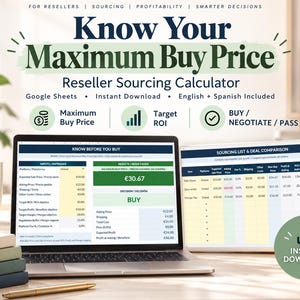 Op de afbeelding: Een digitale reseller sourcing calculator weergegeven op een laptop- en tabletscherm. De interface bevat een Know Before You Buy-spreadsheet met invoervelden voor verkoopprijs en ROI, met een maximale inkoopprijs van 30,67.