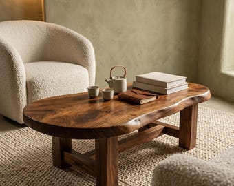 Live Edge Solid Wood Coffee Table - Farmhouse Rustic Walnut Japandi Center Table - Wooden Coffee Table