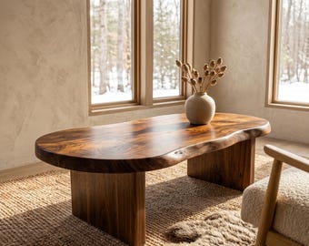 Walnut Mid-Century Modern Wood Coffee Tables - Live Edge Solid Wood Rustic Coffee Table - Farmhouse Japandi Narrow Side Table
