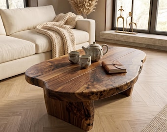 Japandi Live Edge Walnut Coffee Table - Solid Wood Mid-Century Modern Coffee Table -  Rustic Unique Solid Wood Side Table