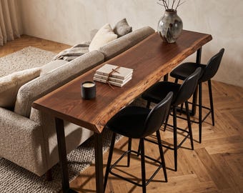 Live Edge Walnut Sofa Bar Console - Custom Narrow Behind Couch Table - Handmade Solid Wooden Home Decor Furniture