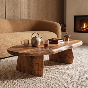 May include: A low-profile coffee table crafted from natural wood with a live edge, featuring two thick slab legs. On the table are two ribbed glass mugs, a ceramic teapot with a handle, two stacked leather-bound books, and a small metal stand.