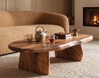 Farmhouse Live Edge Coffee Table - Mid-Century Rustic Walnut Wooden Coffee Table - Japandi Solid Wood Coffee Table