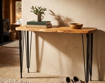Rustic Solid Walnut Console Table - Live Edge Style Entryway Table - Narrow or Large Sofa Table with Metal Hairpin Legs ( Custom Size )