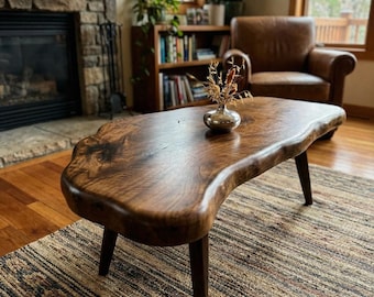 Japandi Live Edge Slim Coffee Table – Mid-Century Solid Wood Narrow Coffee Table - Rustic Modern Wooden Custom Home Decor Furniture
