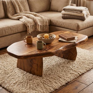 May include: A low-profile coffee table crafted from solid wood with a natural live edge, featuring a smooth, polished surface. On the table sit two ceramic mugs, a shallow bowl containing a pillar candle and stones, and a closed leather-bound book.