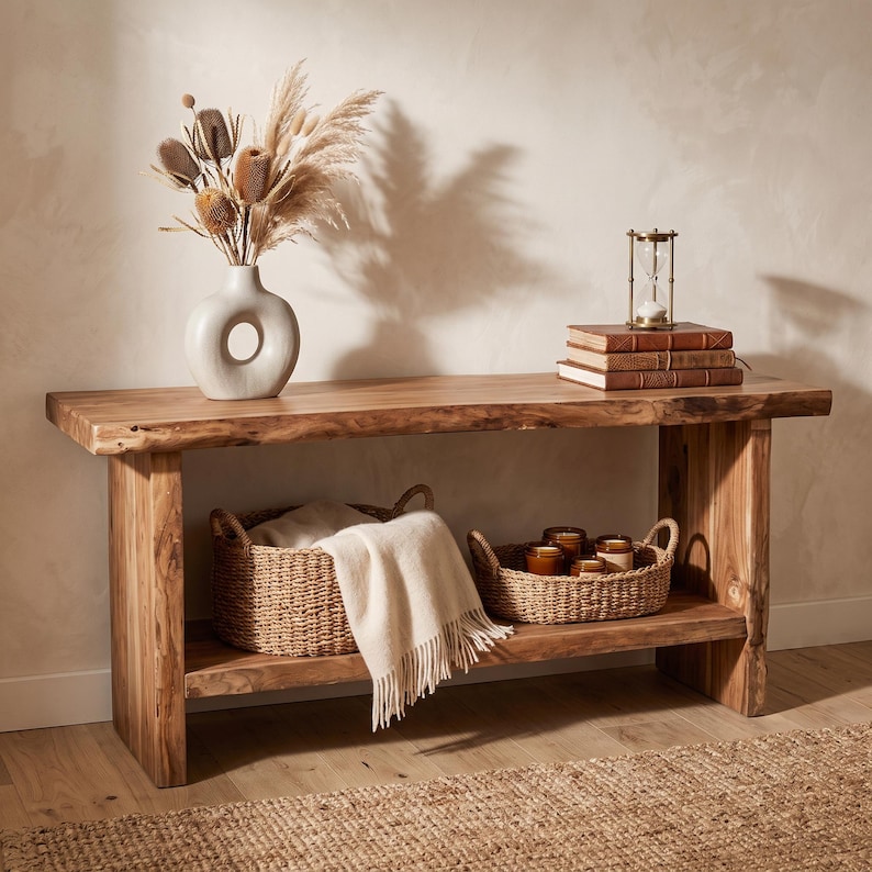 Rustic Hourglasses Console Table With Storage - Live Edge Shelves Rustic Table for ...