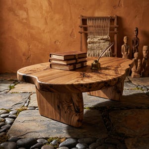 May include: A low-profile coffee table crafted from natural light brown wood with a live edge, featuring a prominent wood grain pattern. Resting on the table surface are three stacked leather-bound books and a brass inkwell with a quill pen.