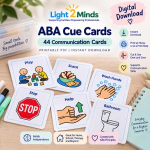 以下が含まれることがあります： カラフルなイラストとテキストラベルが付いた44枚の印刷可能なABAコミュニケーションカードセット。カードにはPlay、Snack、Wash Hands、Stop、Help、Bathroomのアイコンが表示されています。デジタルダウンロード形式です。