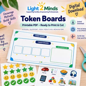 Puede incluir: Un conjunto de tableros de fichas imprimibles con un tablero rectangular de cinco cuadrados vacíos y una caja grande etiquetada I AM WORKING FOR. Incluye una hoja de pegatinas de estrellas, caras sonrientes y marcas de verificación.