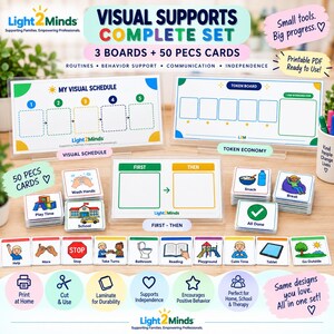 Puede incluir: Un conjunto de apoyos visuales que incluye tres tableros etiquetados como My Visual Schedule, Token Board y First-Then, junto con 50 tarjetas PECS con iconos de actividades diarias como Wash Hands, School y Play Time, con texto claro.