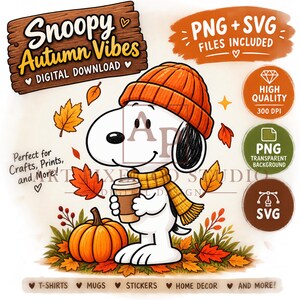 Puede incluir: Un gráfico digital que muestra un perro de dibujos animados con un gorro de punto naranja y una bufanda amarilla, sosteniendo una taza de café. El diseño incluye hojas de otoño, una calabaza y el texto Snoopy Autumn Vibes, PNG + SVG, 300 DPI.