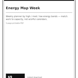 May include: A white rectangular digital document with a black header labelled SundayResetOS. The text reads Energy Map Week, followed by Weekly planner by high / med / low energy bands — match work to capacity, not wishful calendars. 5-page printable PDF.