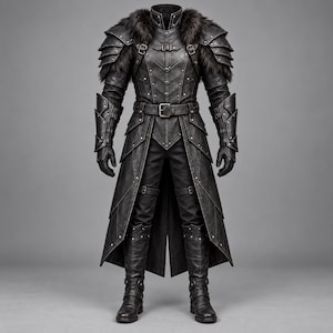 May include: A black leather-like armor set featuring a long coat with layered shoulder pauldrons, a high collar with dark fur trim, metal buckles, and silver rivets. The outfit includes matching gauntlets, fitted trousers, and tall buckled boots.