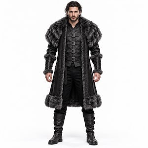 Schwarzer Wikinger-Ledermantel für Herren | Nordisches Kriegerkostüm mit Pelzbesatz, Mittelalterlicher LARP-Mantel aus echtem Leder, Maßanfertigung