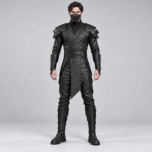 May include: A black outfit featuring a quilted vest with layered shoulder armour, long sleeves with forearm guards, a wide waist belt, and a long front panel. The ensemble includes matching black trousers, knee-high boots with buckles, and a black face mask.