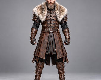 Könnte beinhalten: Ein brauner Ledermantel mit großem Kunstfellkragen, mehreren Schnallenriemen über der Brust und geschichteten Paneelen. Das Outfit umfasst passende Lederstulpen und hohe, geschnürte braune Lederstiefel, die über dunklen Hosen getragen werden.