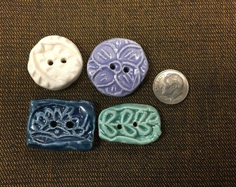 Blue Gray Teal 4 Set Ceramic Clay Textured Buttons Stamped  Creamy Neutral  Slate - Teton Boondocking -  Made in California Handmade OOAK