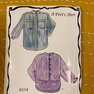 May include: A Poet's Shirt pattern packet featuring illustrations of two long-sleeved shirts. One shirt is blue denim-style with two chest pockets, and the other is purple with a button-up front. The packet has a black border and the number #334.