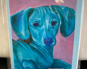 Dachshund Doxie Art - Set/8 Dog Note Cards Blank San Francisco Artist Rebecca Taff Teal Dachshund Blank Unused Stock NIB Blank Thank You