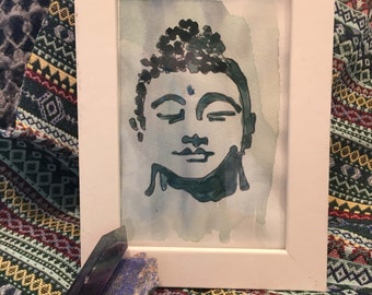 Just Add Zen ! Buddha original Watercolor 4" x 6"  with Frame. Jade Slate Blue Gray Neutral Decor, Meditation, Peace, Soothing,Stress Relief