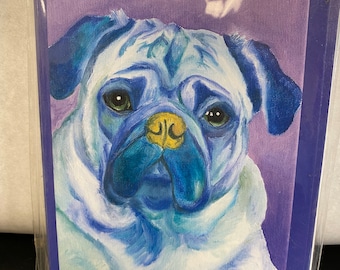 Pug Art - Set/8 Dog Note Cards San Francisco Artist Rebecca Taff Purple Pug Unused Stock NIB Blank Thank You