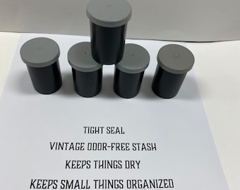 Vintage 5 for 12 - Free Ship 35mm Film Canister Container Tight Black w Gray Lids Useful Storage  Stash Science Sewing Craft Gardening Seeds