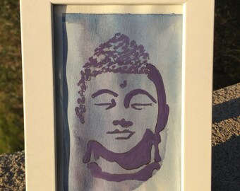 Just Add Zen ! Buddha original Watercolor 4" x 6" with Frame. Amethyst Slate Purple Neutral Decor, Meditation, Peace, Soothing,Stress Relief