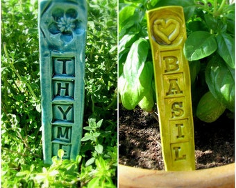 You Pick!  Set 8 Herb Garden Markers Plastic Free Organic Stakes Seed Plant Vegetable Greens Label, Ceramic Clay Pottery, Gardener Free Ship