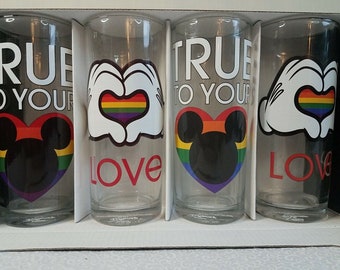 Disney Mickey Pride Rainbow 1-10 oz glass - single glass - True to your Heart Barware Beer Drink Tumbler  Mickey Head & Heart
