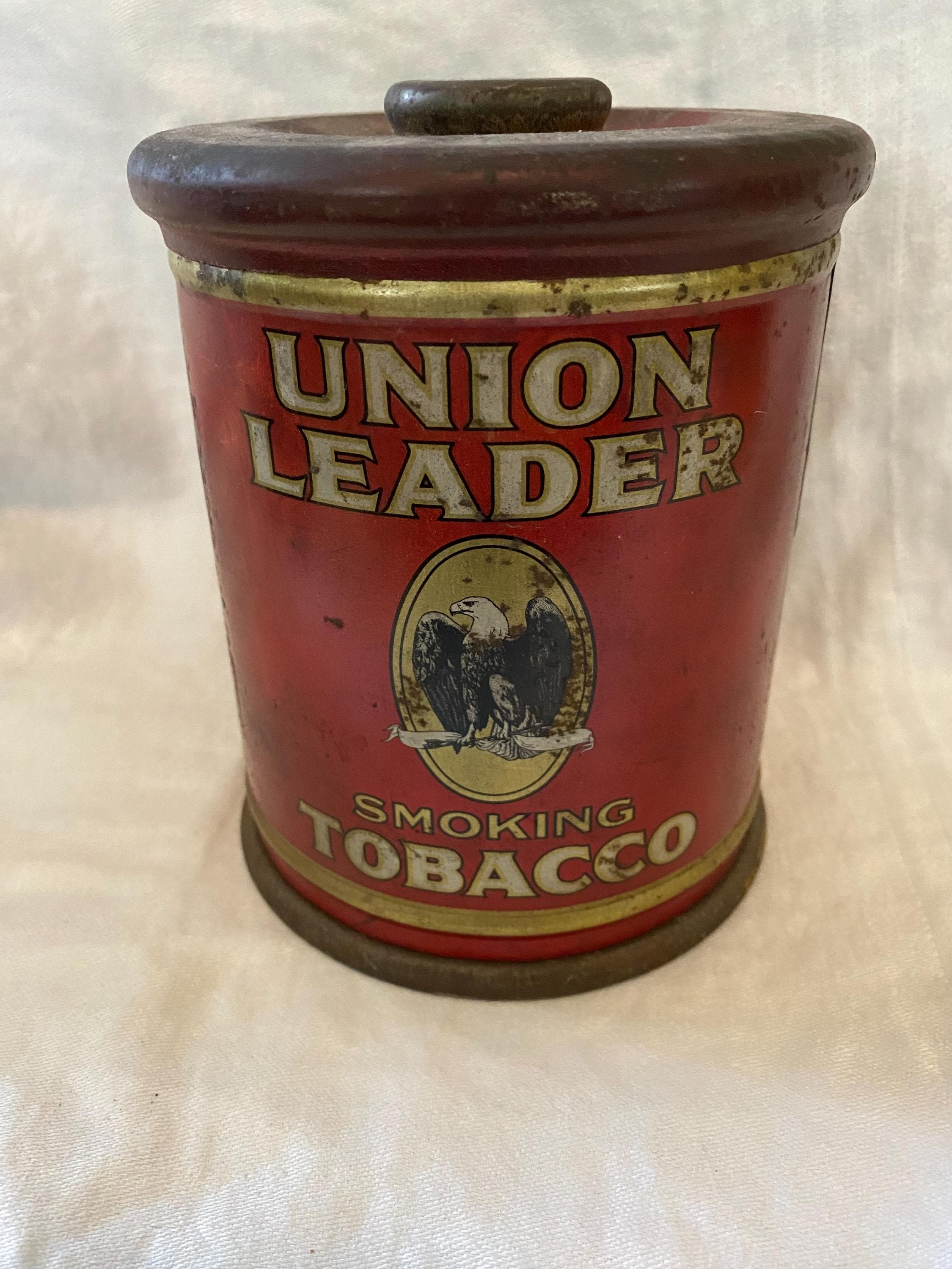 Vintage Advertising Tin Metal Union Leader Tobacco Antique Collectible Art  Plastic Free Man Cave Decor Red Black
